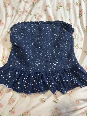 No Boundaries Navy Star Print Smocked Crop Top